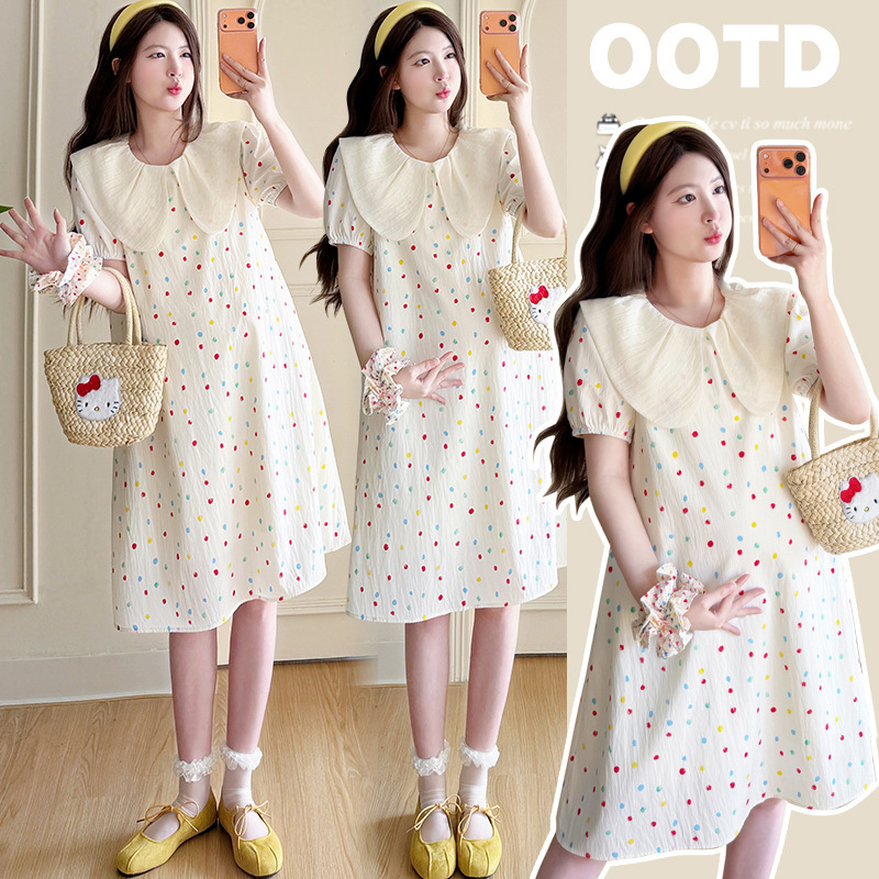 Maternity Dress, Fashionable New Style, Summer Polka Dot Doll Collar, Age-Reducing A-Line Skirt, Beautiful Skirt for Pregnant Women, Summer Wear Maternity Dress, Fashionable New Style, Summer Polka Dot Doll Collar, Age-Reducing A-Line Skirt, Beautiful Skirt for Pregnant Women, Summer Wear