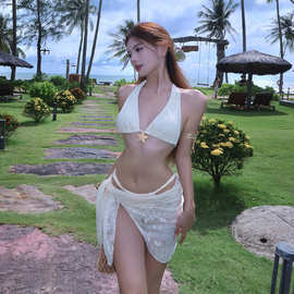 超仙纯欲蕾丝挂脖bikini三件套海边度假风泳衣分体裙式比基尼温泉