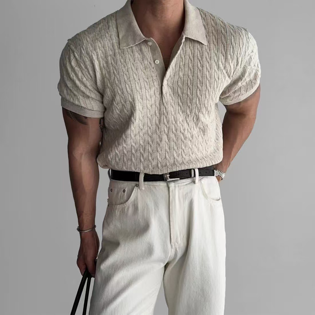 Polo de punto de manga corta con patrón trenzado, camiseta de negocios, venta al por mayor transfronteriza, camisa de hombre de punto trenzado de manga corta sin planchar. image 7