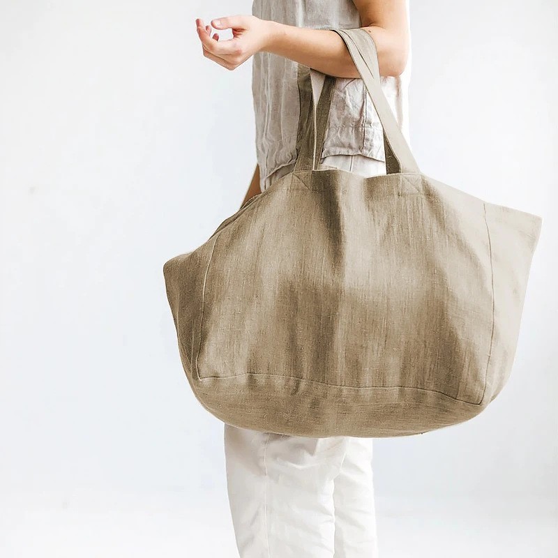 INS estilo gran bolsa de playa de lino natural de algodón de gran capacidad bolsa de lona simple bolso de compras del hombro