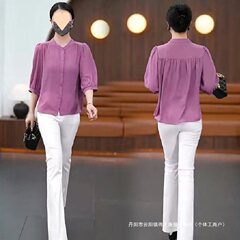 夏季新款妈妈装轻风纱衬衫女士显瘦减龄中袖上衣开衫时尚休闲衬衣