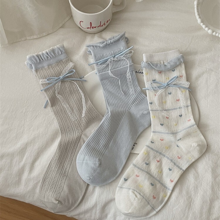 26 Spring and Summer New Korean Style Fashion Lace Ribbon Bow Cotton Mid-Calf Women's Socks Thin Slightly Sheer Sweet Trendy Socks 26 Spring and Summer New Korean Style Fashion Lace Ribbon Bow Cotton Mid-Calf Women's Socks Thin Slightly Sheer Sweet Trendy Socks