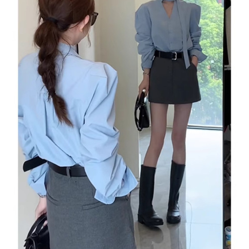Korean-style chic halter-neck long-sleeve shirt + skirt for women, 2025 spring fashion trendy set