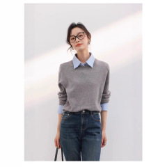 哥家商场同款女装2025秋季时尚拼接衬衫针织衫假两件羊毛衫上衣