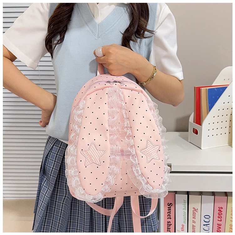 Indigo Smoke Mesh Bunny Ear Student Backpack Japanese Style Cute Girls School Bag High-Value Casual Versatile Travel Shoulder Backpack