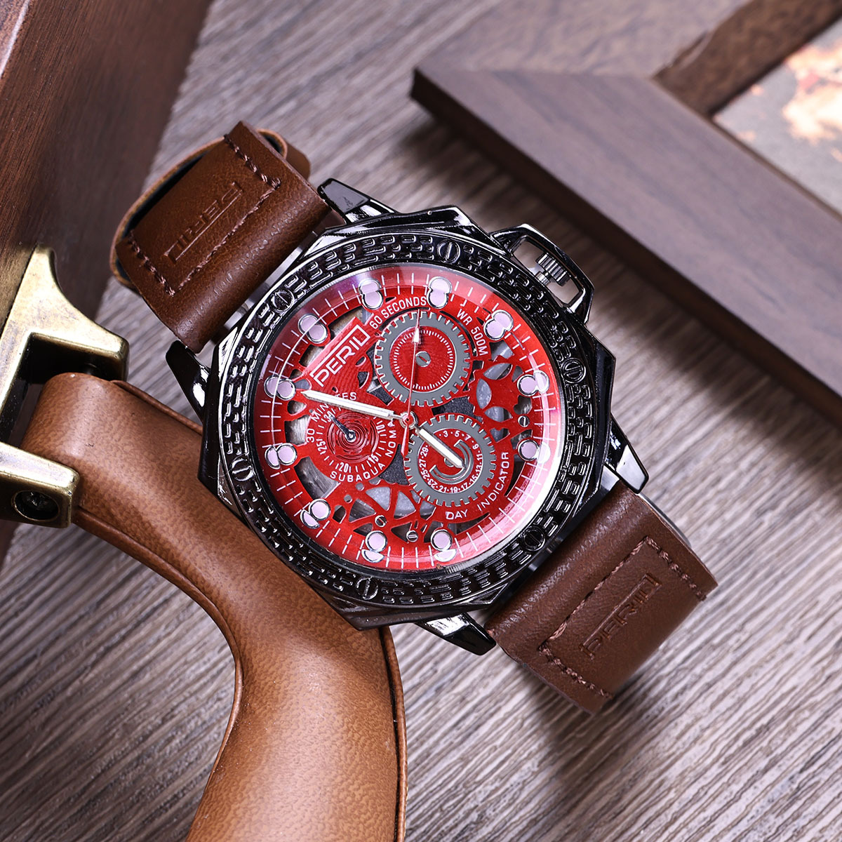 Cross-Border New Men's Fashion Trend Hollow Belt Quartz Watch Large Dial Three-Eye Casual Men's Watch