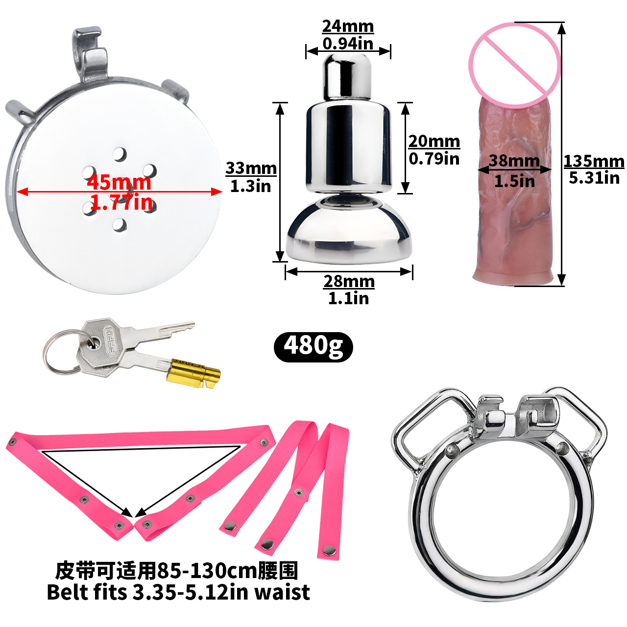 [3176a] k-03 40mm ring + urine support base + m size penis + pu-5 pink elastic belt
