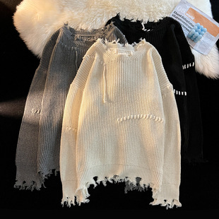 Hong Kong style trendy brand ins men's and women's same style autumn and winter bright line distressed ripped round neck loose couple warm knitted sweater
