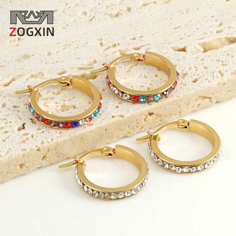 Nuevo oro de 18K de acero inoxidable pendientes oreja hebilla europea y americana de la moda de diamantes redondos de titanio de acero pendientes de las mujeres de fábrica al por mayor