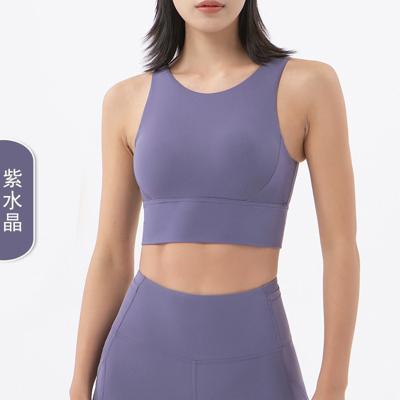 Ropa interior de doble cara con tacto suave, tejido cepillado, sujetador deportivo de cuello redondo, espalda con aberturas, dobladillo ensanchado, estilo camiseta sin mangas, para deportes de alta intensidad.