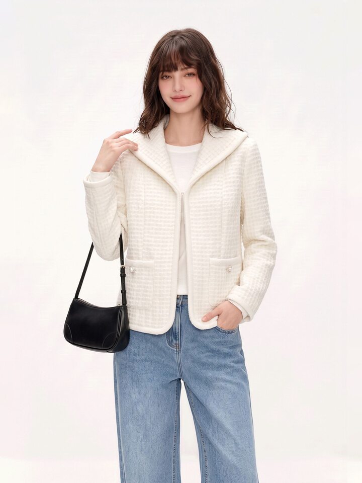 Áo khoác ngắn nữ dáng vest chất liệu len cừu phối vải tweed thanh lịch — Vanilla trắng