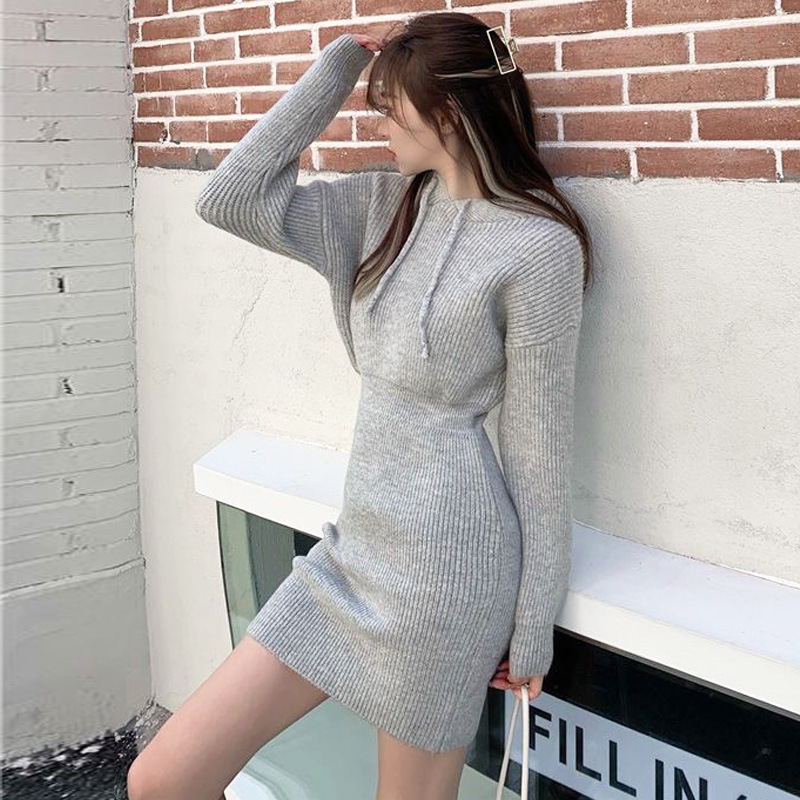 Knitted dress women's autumn and winter New hooded sweater skirt mid-length sheath sweater skirt bottoming A- line skirt Knitted dress women's autumn and winter New hooded sweater skirt mid-length sheath sweater skirt bottoming A- line skirt