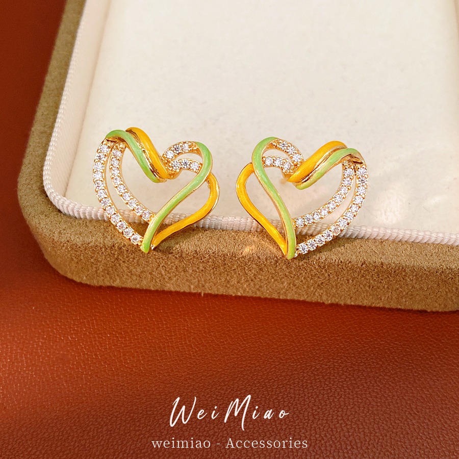Aguja de plata de zircón de doble capa de amor pernos de orejas agujeros pequeños temperamento fresco dulce simple pendientes ligeros de lujo de alta calidad pernos de orejas