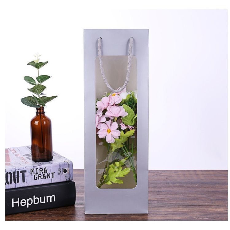 Bolsa de vino con ventana transparente – bolsa de papel kraft con asa para regalo, flores o vino