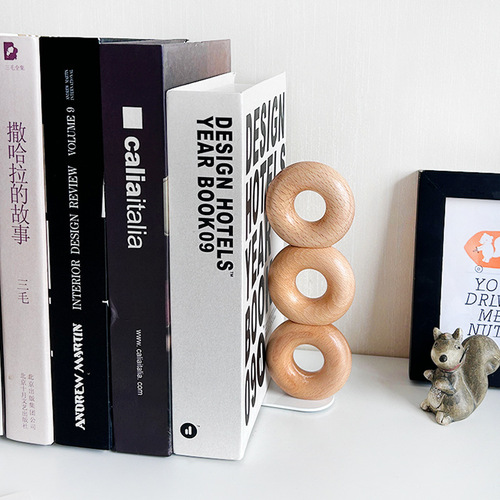 Desktop wooden bookends simple donut shape beech bookends thickened bookshelf solid wood storage book folder