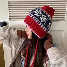 浪漫费尔岛钩花护耳帽女秋冬保暖针织毛线帽大毛球系绳包头帽防寒