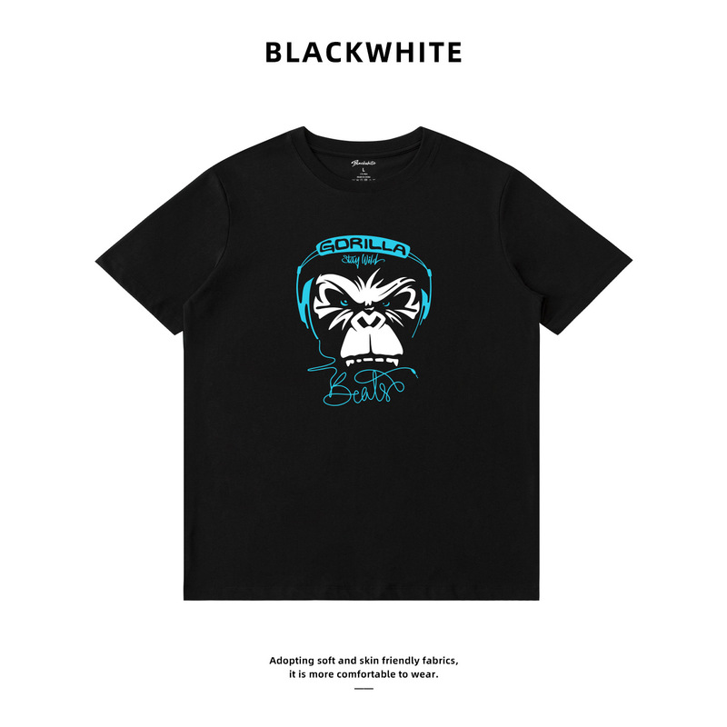 Black Gorilla Print Crew Neck T-Shirt for Men, Heavyweight High Cotton Loose Fit Short Sleeve, Dropshipping Available, Supports Mixed Batch Orders 260