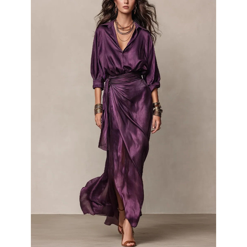 2026 European and American Women's Fashion Dark Purple Satin Shirt Collar Tie-Waist Wrap Long Sleeve Dress 2026 European and American Women's Fashion Dark Purple Satin Shirt Collar Tie-Waist Wrap Long Sleeve Dress