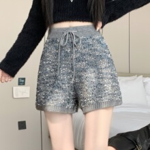 拉夏亮丝针织短裤女秋冬外穿裤子2025新款高腰a字阔腿休闲裤