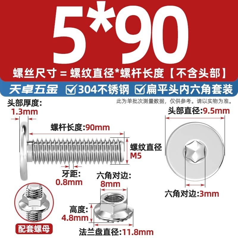 304不锈钢CM大平头超薄头C头扁平头内六角螺丝钉法兰边螺母套装M5|undefined