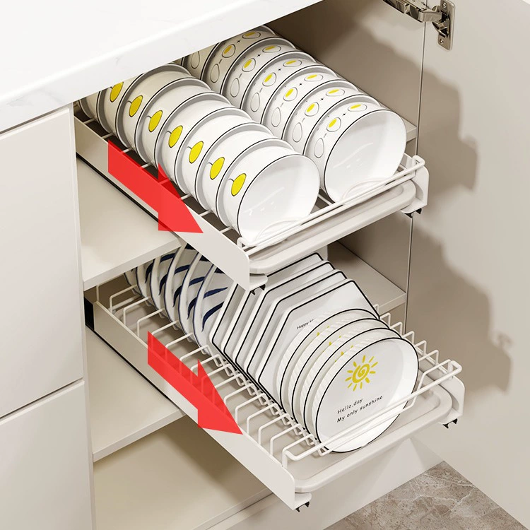 Kitchen pump bowl storage shelf cabinet free punching dish and plate pull basket drawer bowl plate plate draining shelf