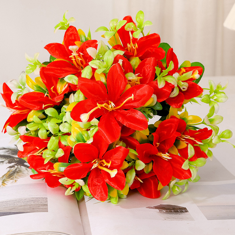 人造仿真花7頭萊美百合花7叉絹布蘭花戶外假花裝飾亞馬遜跨境