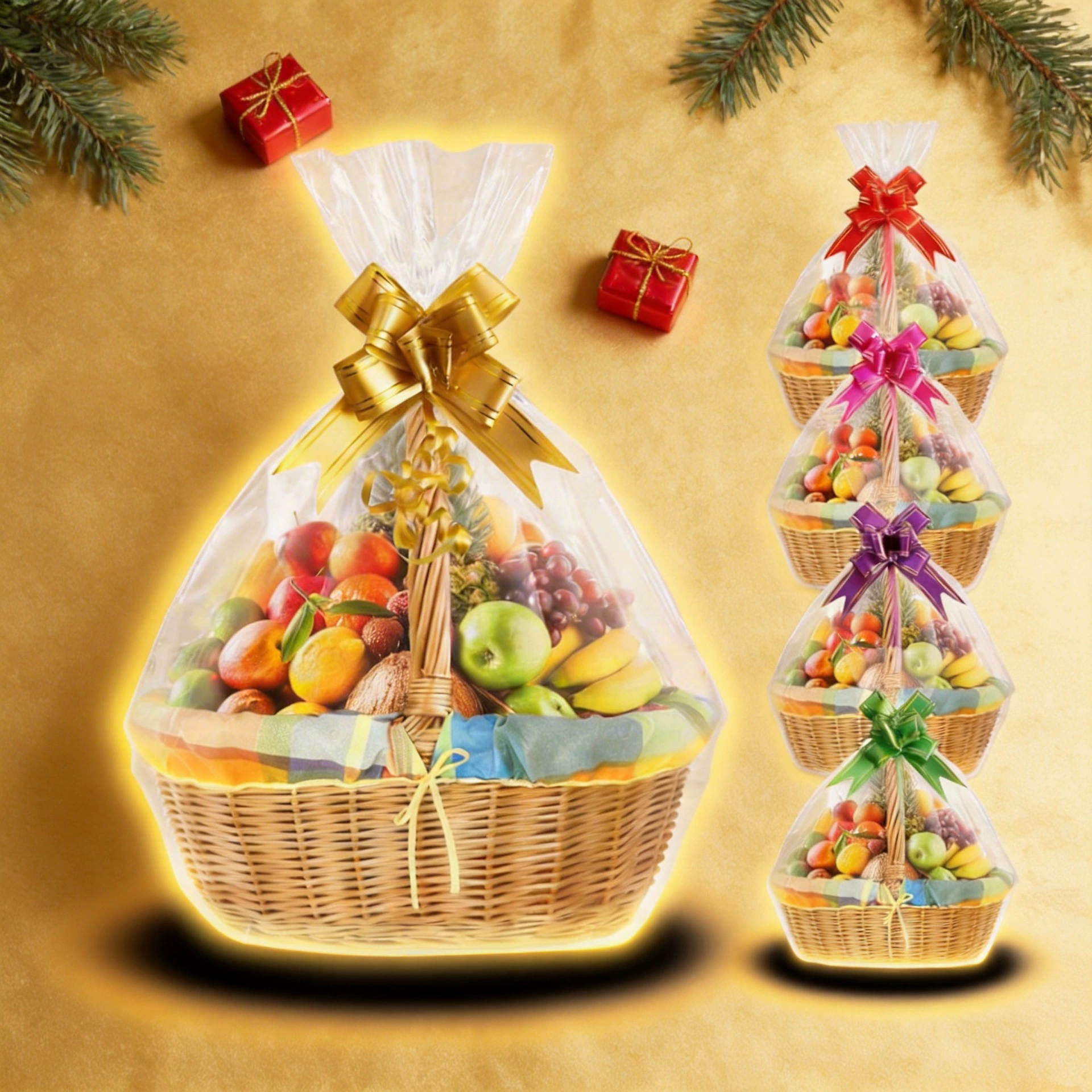 В наличии: пакеты из пергаментной бумаги, подарочные корзины, пакеты для фруктовых корзин, упаковочные пакеты для фруктовых корзин, подарочные пакеты, новогодние подарочные корзины, пакеты для выпечки.