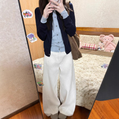 藏青色假两件设计感长袖针织开衫外套女2025新款秋季流行穿搭上衣