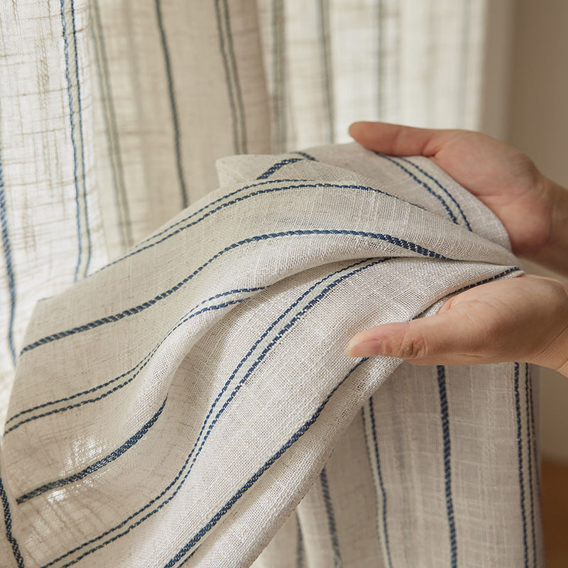 Foreign Trade Blue Stripe Homestay Cotton and Linen Curtain Finished Nordic Floor Bedroom Living Room Linen Shading New Thick Gauze Curtain
