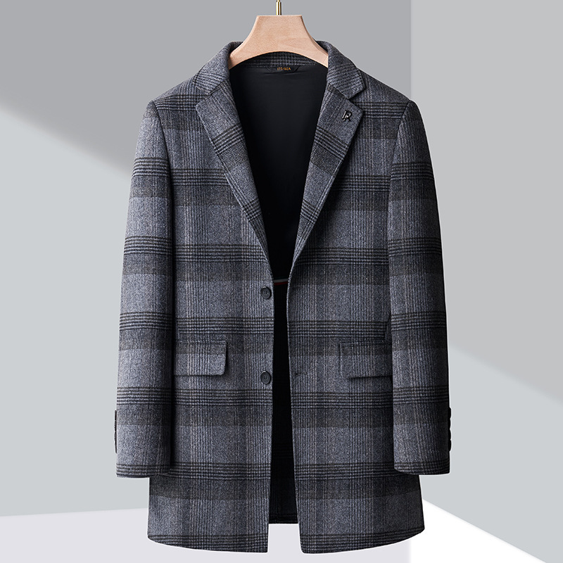 2024 high-grade double-sided cashmere coat autumn and winter middle-aged men's father suit collar plaid wool woolen coat