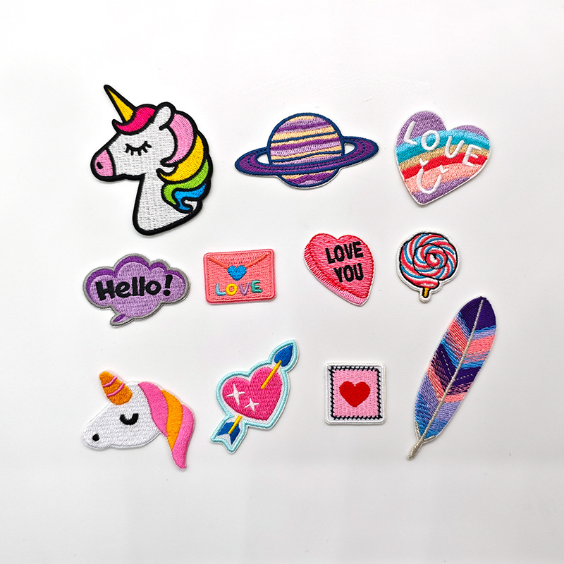 25新品独角兽刺绣贴彩虹紫色星球粉色爱情爱心刺绣布贴diy补丁贴