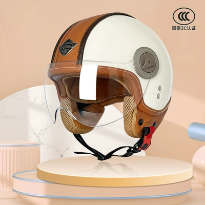 Voss Four Seasons Neutral 3C Certified Electric Motorcycle Helmet Men's and Women's Sunscreen Helmet with Lens Winter Warmth (Motosiklet kaskı (dəbilqə)) - milk-white-orange-peel-m