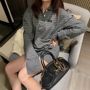 Mm New Gray Stripesd Couple Polo Shirt 2025 Spring & Fall Loose Mid-Length Trendy Brand Men's and Women's Lapel Long Sleeves