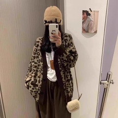 韩版宽松慵懒风豹纹提花针织开衫女2025秋冬欧款休闲撞色毛衣外套