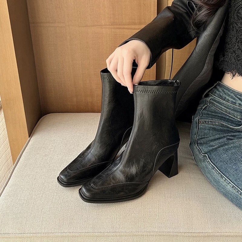 现货2025秋冬新款欧美瘦瘦靴高跟粗跟短靴女软面马丁靴气质弹力靴|undefined