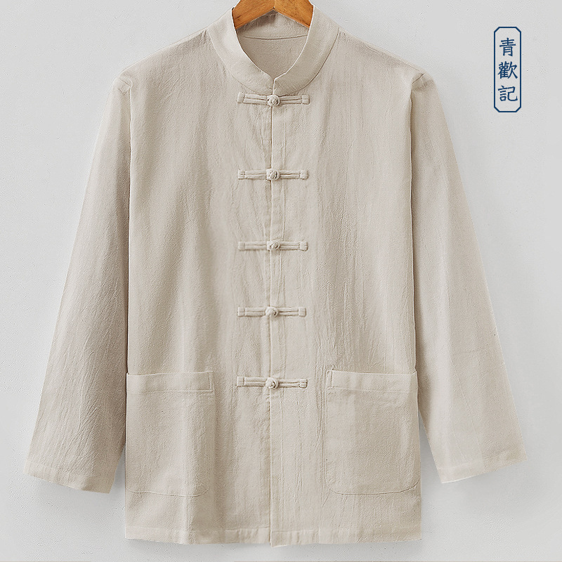 Original men's long-sleeved linen casual shirt for all seasons, Chinese-style button-down stand-up collar, vintage loose-fitting shirt, men's Tang suit