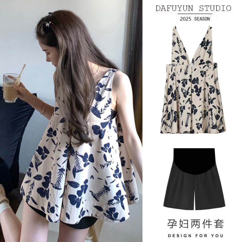 2025 Summer New Maternity Summer suit Loose Top Floral Shirt Shorts Chest Wrapped suit