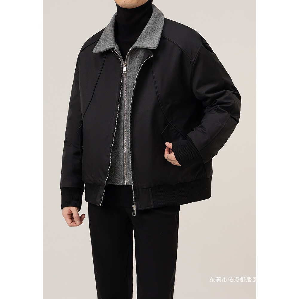 2024冬季假两件拼接感毛呢夹克男士休闲痞帅保暖加厚羽绒服外套潮