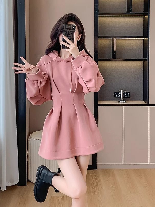 美拉德连衣裙秋冬新款减龄收腰显瘦上衣小个子短款休闲连帽卫衣裙|undefined