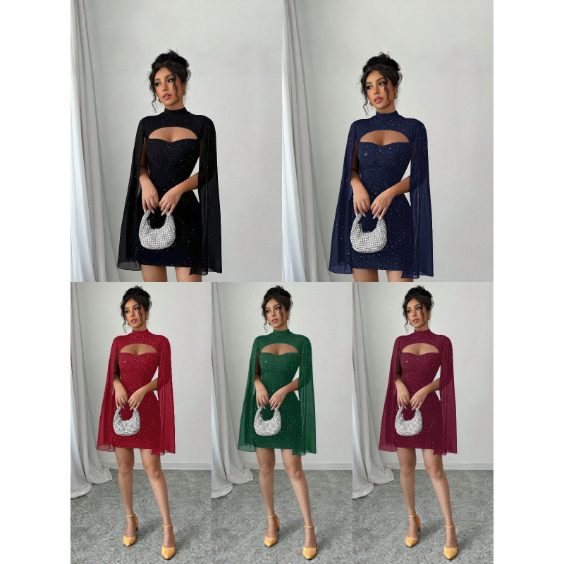 Cross-Border European and American Women's Clothing Amazon Aliexpress Round Neck Ribbed Pearl Chiffon Cape Hip-Hugging Dress for Women Cross-Border European and American Women's Clothing Amazon Aliexpress Round Neck Ribbed Pearl Chiffon Cape Hip-Hugging Dress for Women