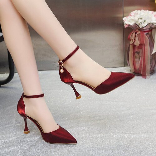2025 Spring New Fine Heel Pointed Toe Single Strap Hollow High Heels Silk Satin Little Women's Shoes Wholesale