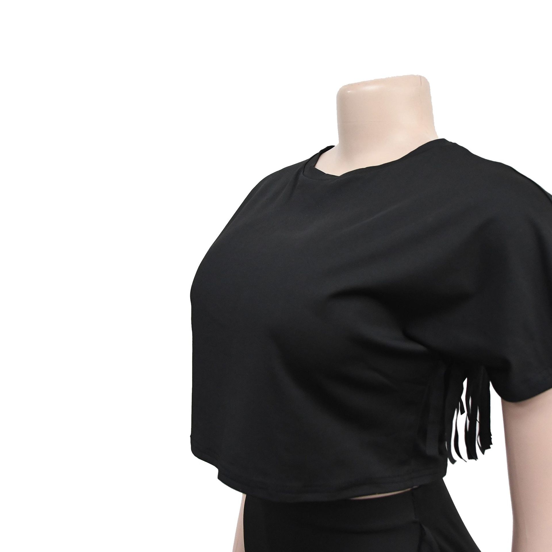 Women Wear Solid Color Tassel Round Neck Short Sleeve Two Piece Set