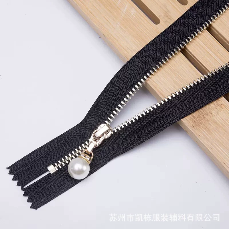 3#5#Light golden white gold, brass tooth luggage clothing real copper with pearl tie head 3 metal closed tail zipper