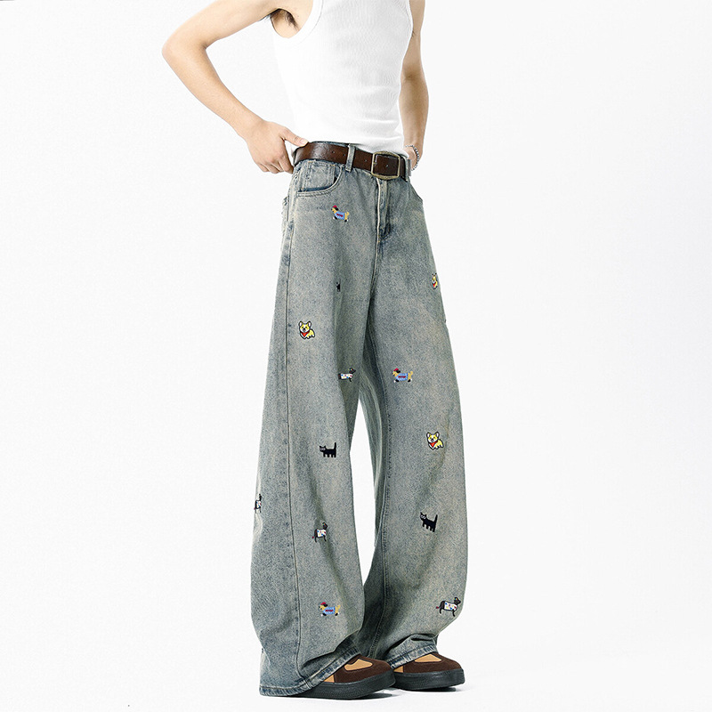Pantalones Jeans Rectos con Bordado para Hombre de Algodón, Corte Recto, para Uso Diario
