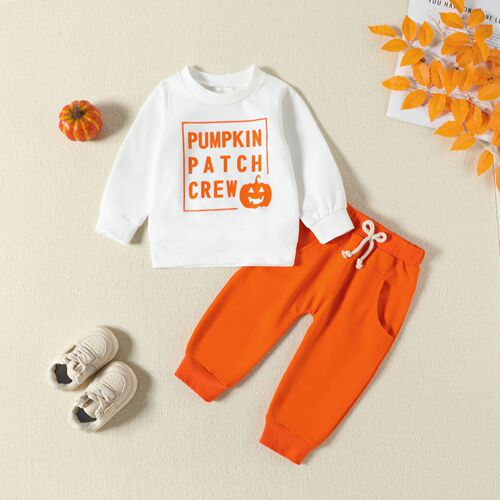 Spring and Autumn Halloween Pumpkin Children's Long-sleeved Sweater Set New European and American men and girls casual letter suit