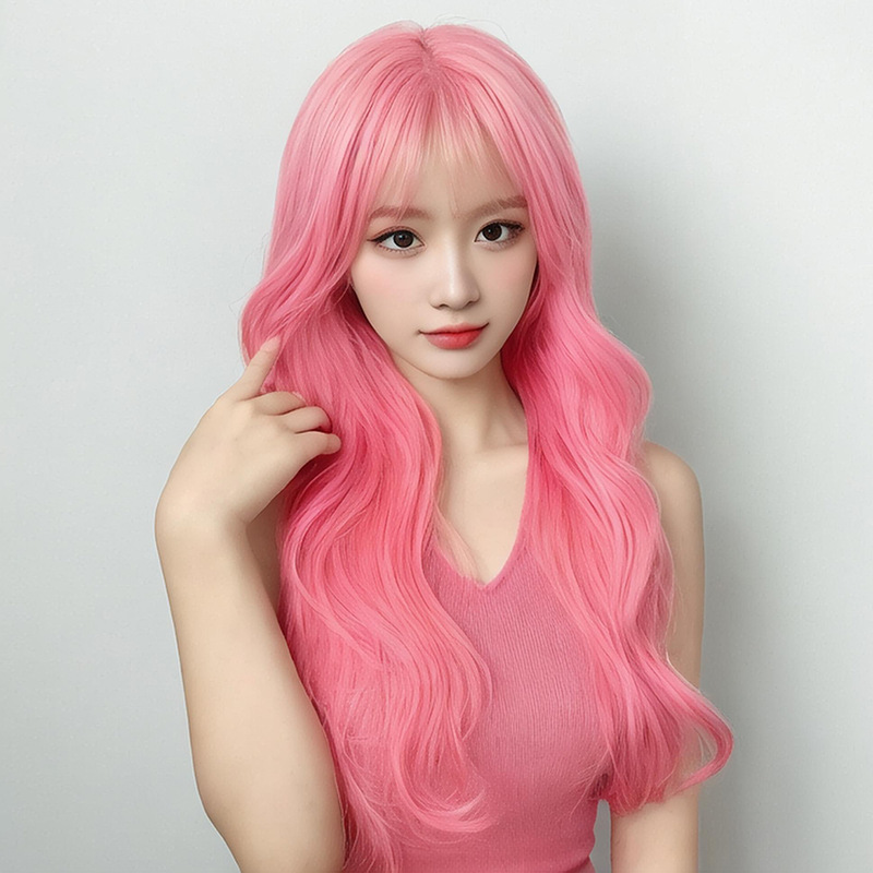 Pink neat bangs long curly hair wig lolita whole high temperature silk mechanism headgear factory supply in stock wholesale