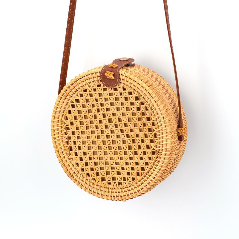 Bolsa de ratán, mini bolsa diagonal, canasta de bosque, bolsa redonda tejida de arte retro, bolsa de hebilla de cubo de vacaciones