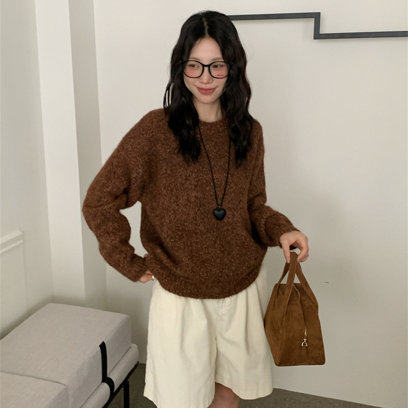 韩系氛围感彩色纱线毛衣女秋冬新款宽松外穿慵懒风软糯针织衫上衣|undefined