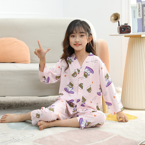 Children's thin summer long-sleeved cotton gauze pajamas, suitable for middle-sized boys, wholesale cotton gauze air-conditioning home pajama set