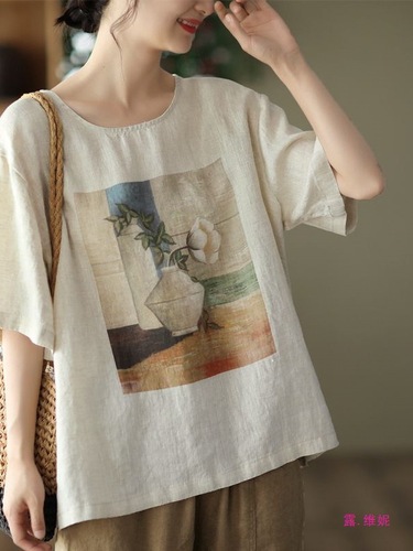 2025 Retro Print Linen Top for Women, Loose and Comfortable, Hides Fat, Slimming Linen Casual Short-Sleeve T-shirt